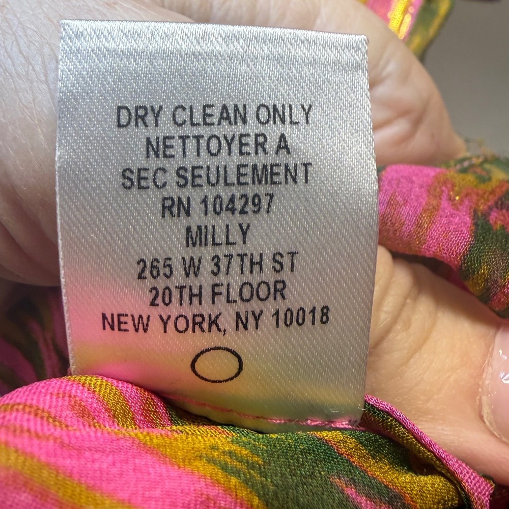 Milly of New York Silk Tie Neck Ruffle Blouse Pink Green Gold Metallic Luxe  2 - Picture 10 of 10
